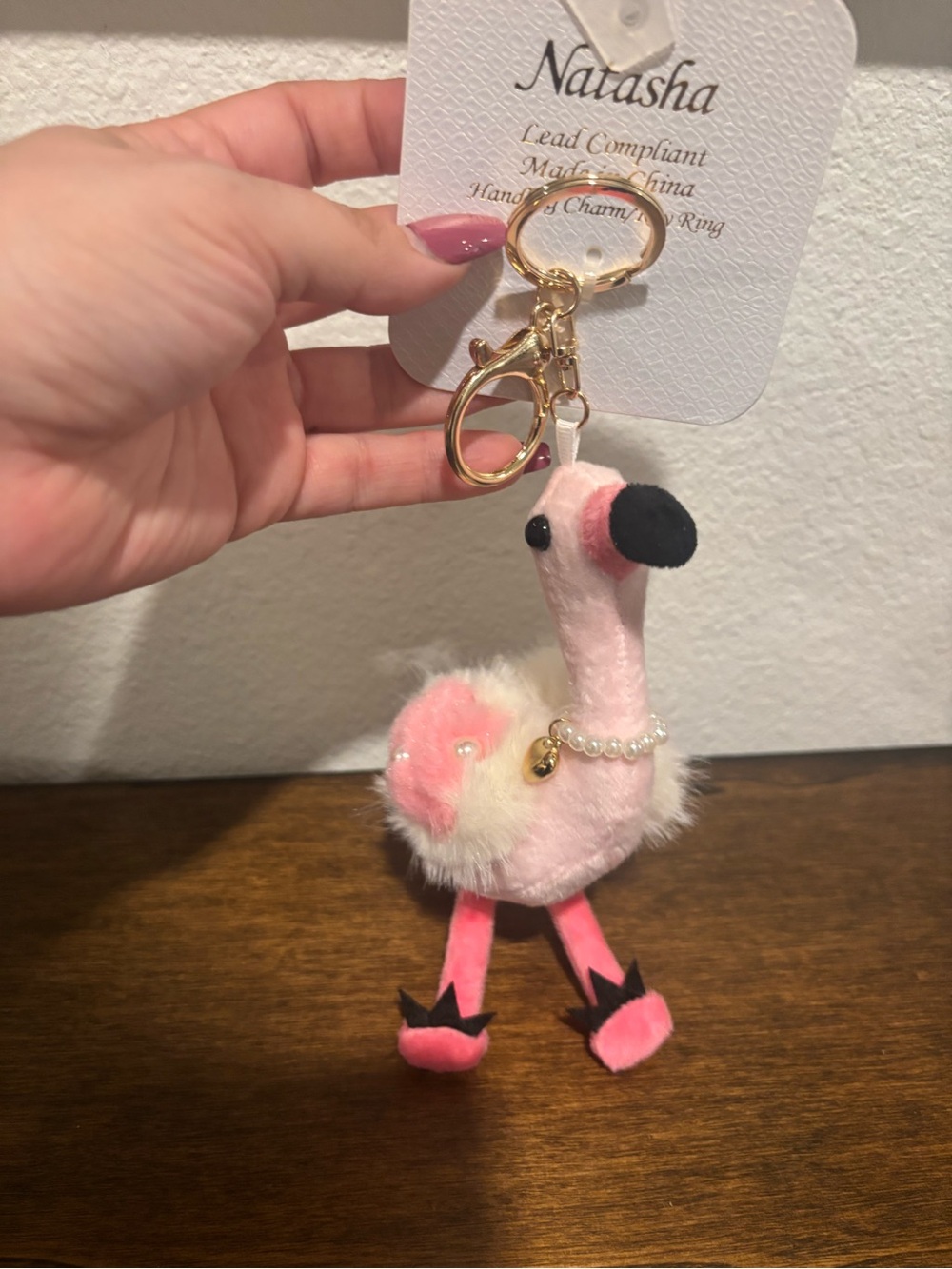 Natasha Couture Pink & Black Flamingo Plush Bag Charm with Gold Hardware - Picture 2 of 5